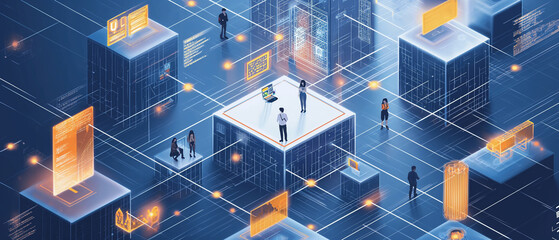 An isometric illustration of a digital trade show with people interacting with virtual displays and information technology exhibits. - obrazy, fototapety, plakaty