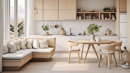 A Scandinavian-inspired kitchen with a cozy breakfast nook sofa set, light wood accents, and minimalist design.