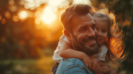 A heartwarming portrait of a bearded father embracing his young daughter, both smiling joyfully in the golden hour sunlight.
