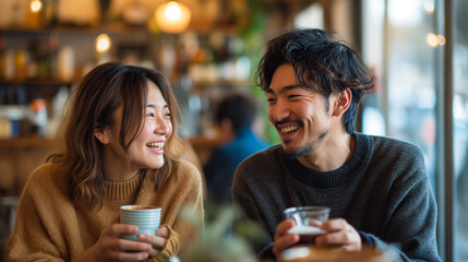 A couple in warm attire shares a laugh over coffee at a cafe, with glowing bokeh lights creating a romantic atmosphere.
