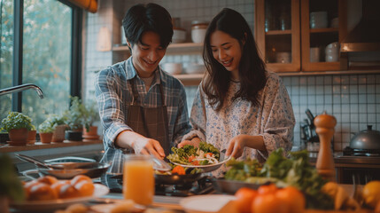 A happy couple enjoys preparing a meal together in a well-lit, plant-filled kitchen, sharing a moment of joy.