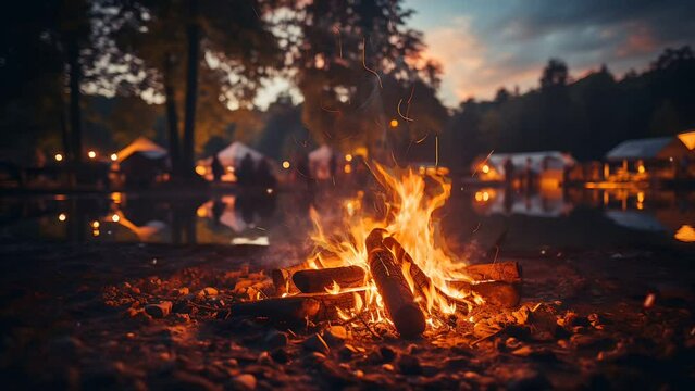 A lively bonfire blazing in the center of a campsite