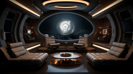A sci-fi-themed home theater with a spaceship cockpit-inspired sofa set, surround sound, and immersive lighting.
