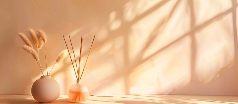 aromatherapy incense diffuser oil, reed diffuser and candles aromatic for relaxation or meditation concept background