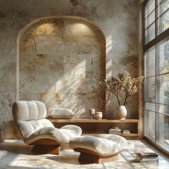 White bedroom with summer landscape in window. Scandinavian interior design.
