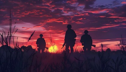 Sillouette of WW2 Army Soldiers at dusk - obrazy, fototapety, plakaty