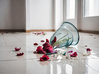 A glass vase is lying on the floor with scattered red rose petals