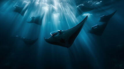 Uma cena subaquática hipnotizante de raias-manta flutuando graciosamente no oceano. - obrazy, fototapety, plakaty