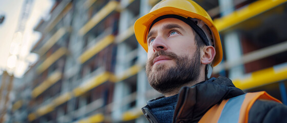 Fototapeta premium Focused construction supervisor in safety gear pointing at work in progress on a busy construction site.