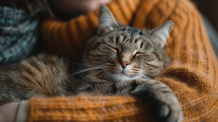 Content tabby cat comfortably napping in the warm embrace of its owner's cozy orange sweater.
