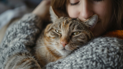 Content tabby cat comfortably napping in the warm embrace of its owner's cozy orange sweater.