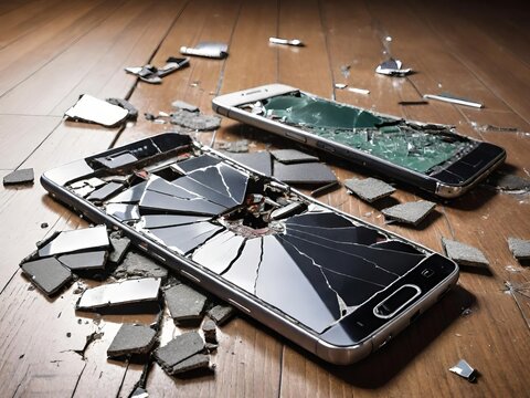 Two smartphones with shattered screens and scattered pieces of broken glass on a wooden floor.