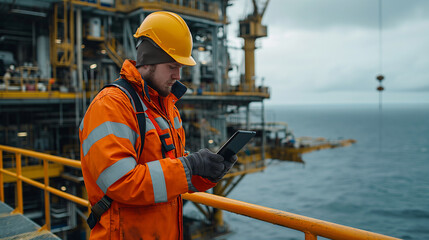 An offshore oil rig worker in safety gear uses a tablet to check systems and processes, against the backdrop of the vast ocean and rig infrastructure.