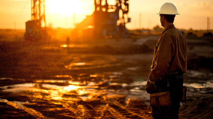 An oil field worker in reflective safety gear observes the functioning of a pump jack against the dramatic backdrop of a sunset sky.