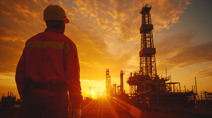 An oil field worker in reflective safety gear observes the functioning of a pump jack against the dramatic backdrop of a sunset sky.