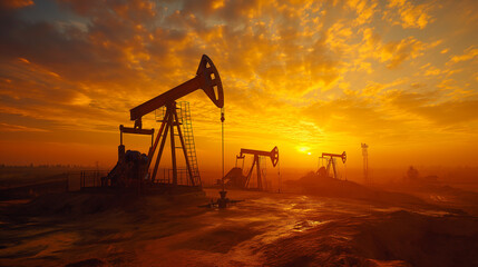 Naklejka premium The sun rises over a vast field, illuminating an oil pump jack in operation, a symbol of energy production and resource extraction.
