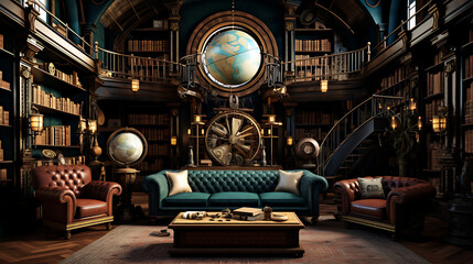 A Steampunk-themed library with a leather Chesterfield sofa set, antique bookshelves, and vintage globes.