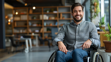 Cheerful male professional in a wheelchair displaying confidence and positivity in a modern office...