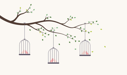 Bird in love. Bird cages on tree branch