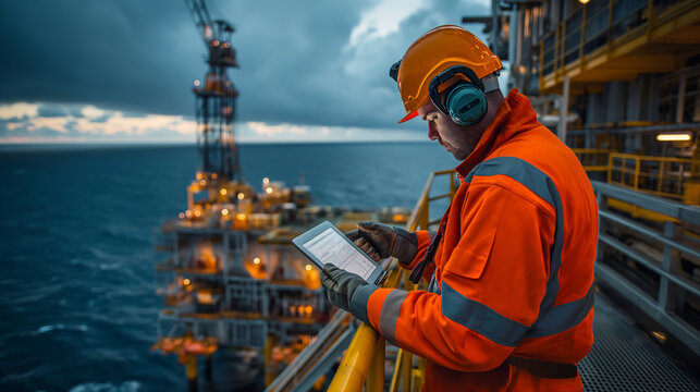 An offshore oil rig worker in safety gear uses a tablet to check systems and processes, against the backdrop of the vast ocean and rig infrastructure.
