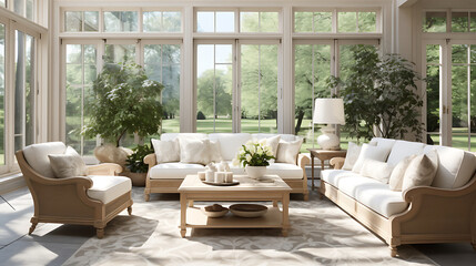 A transitional-style sofa set in a neutral palette, placed in a sunroom with large windows and views of a lush garden.