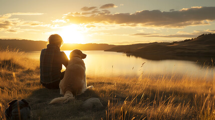 Cena tranquila de cumplicidade entre pessoa e cachorro à beira de um lago ao pôr do sol - obrazy, fototapety, plakaty