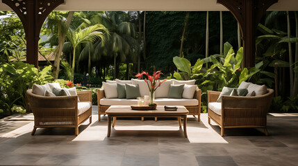 A tropical-themed outdoor sofa set with weather-resistant materials, arranged on a spacious patio overlooking a lush garden and pool.