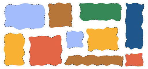 Doodle frame textbox and background in hand drawn style. Set geometric abstract border with wavy pattern. Flat vector illustration on isolated backdrop.