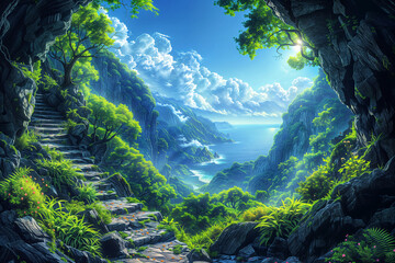 Illustration of stone stairs leading past amazing view below