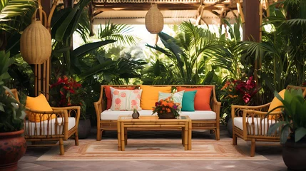  A tropical paradise-themed patio with a bamboo sofa set, lush greenery, and colorful floral arrangements. © Muhammad