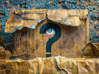 Mysterious Eye Peeking Through Question Mark Hole in Cardboard
