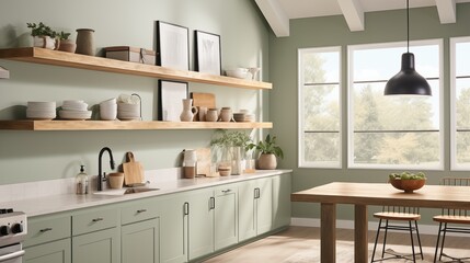 Modern Farmhouse-inspired Kitchen with Soft Sage Green Walls and Rustic Accents Design a modern farmhouse-inspired kitchen with soft sage green walls that evoke a sense of tranquility and freshness