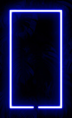 Dark leaves trees wall background, blue neon light and rectangle shape with vertical banner. copy space or empty