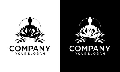 Creative Woman yoga Lotus flower logo vector templates. Meditating female in a lotus zen pose with a round halo.