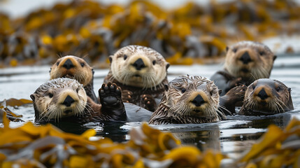 Um grupo brincalhão de lontras-marinh as flutuando entre algas-marinhas. - obrazy, fototapety, plakaty