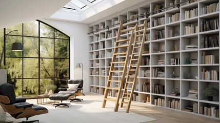 Modern Library with Rolling Ladder Create a modern library that's both functional and visually striking with the addition of a rolling ladder