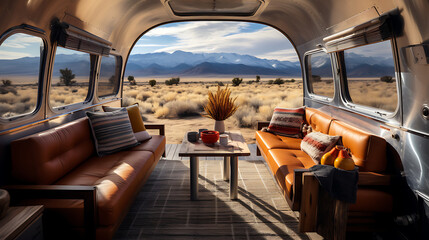 A vintage airstream trailer with a compact and convertible sofa set for a mobile and stylish living space.