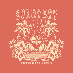 sunshine illustration beach graphic waves design palm badge tropical flowers vintage hippie paradise