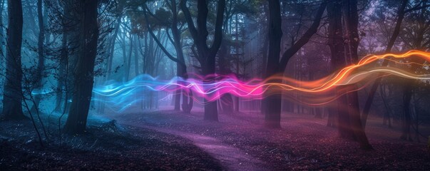 Ancient trees in dark forests, wrapped in neon time travel energy ribbons, a gateway opens - obrazy, fototapety, plakaty