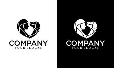 Creative human and dog animal charity logo with love. Pet lover. People, Cat and Dog.Pet care logo. illustration women hug dog and cat, heart pet