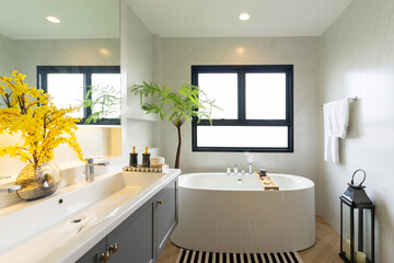 Fototapeta na wymiar Luxury bathroom with white bathtub by the window, concept in a modern house