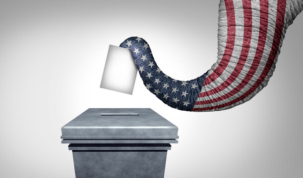 US Conservative vote as an elephant with the American flag at a ballot box representing USA conservatives or right wing voters during a presidential election or Primary leadership contest.