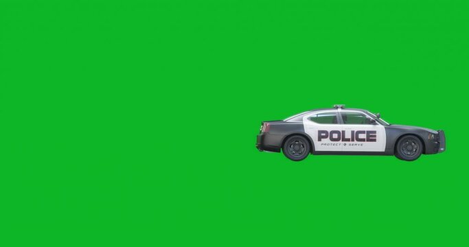 Police car moving from Left To Right, isolated on Green Screen Background 4K