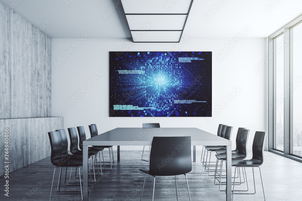 Poster Creative code skull sketch on presentation monitor in a modern boardroom, theft of personal data and malware concept. 3D Rendering