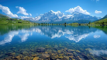 Incredible view of clear water and sky reflection on Chesery lake (Lac De Cheserys) in France Alps. - obrazy, fototapety, plakaty