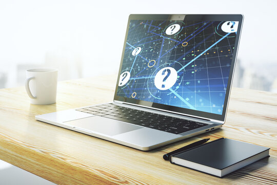 Creative concept of question mark illustration on modern laptop screen. FAQ and search concept. 3D Rendering