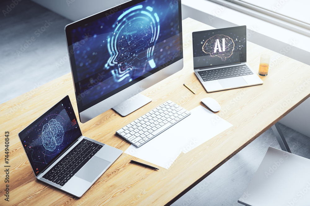 Leinwandbilder creative artificial intelligence concept with human head sketch on modern computer monitor. 3d rende