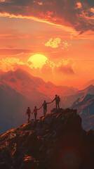Business background. Panoramic view of team of people holding hands and helping each other reach the mountain top in spectacular mountain sunset landscape 
