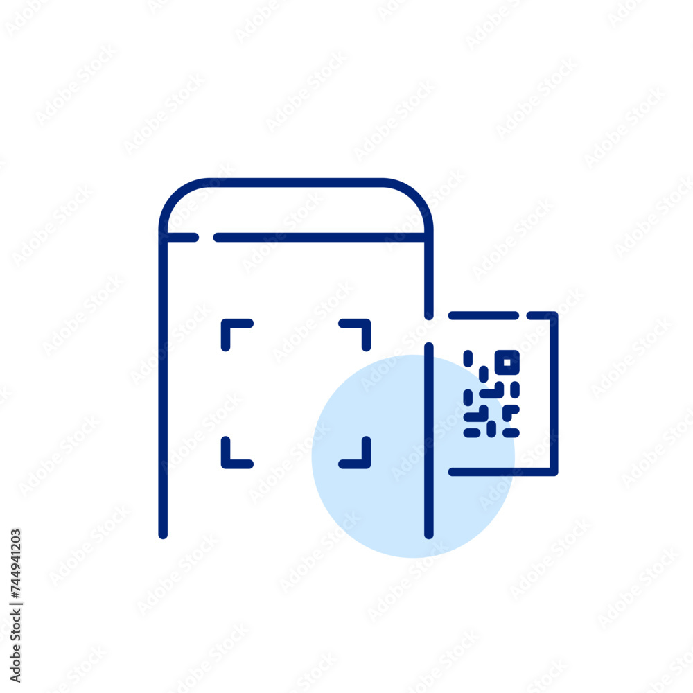 Poster scanning qr code with smartphone. contactless access. pixel perfect, editable stroke vector