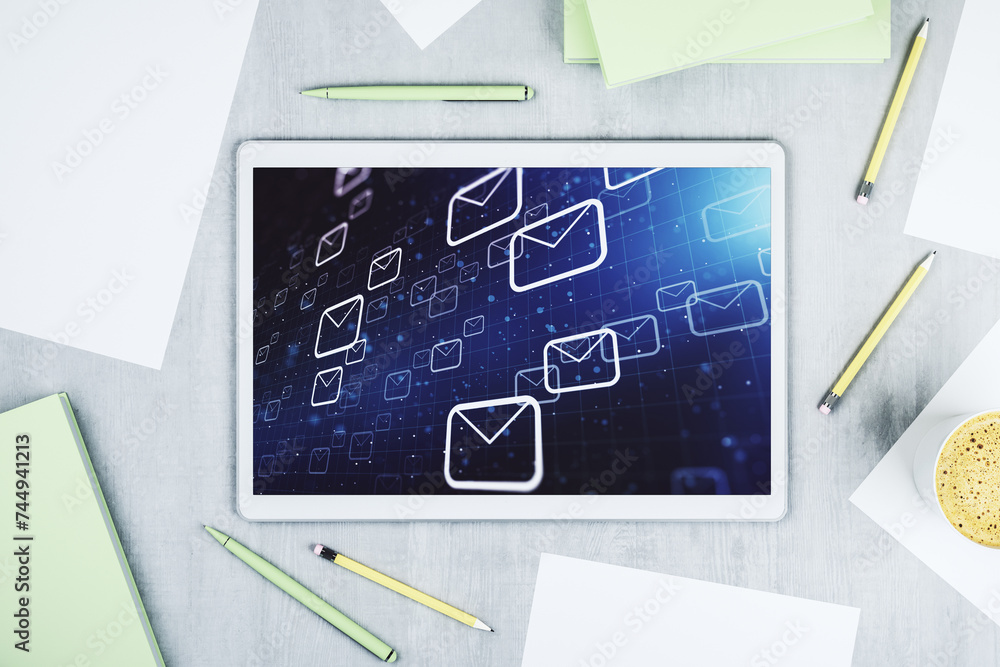 Poster Creative concept of postal envelopes illustration on modern digital tablet screen. Email and communications concept. Top view. 3D Rendering
